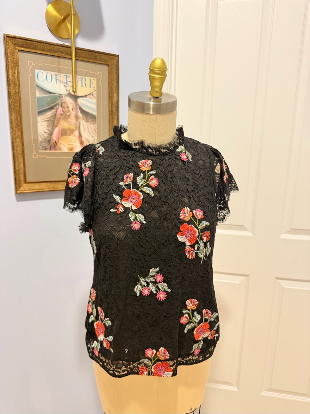 Rebecca Taylor Black Lace Floral Embroidered Short Sleeve Blouse